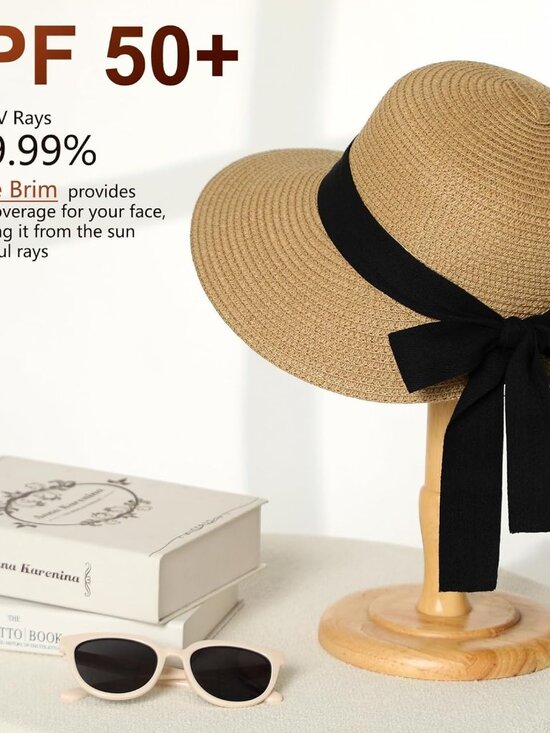 Women\'s Sun Hats Straw Beach Hat Sun Protection Foldable Khaki With Black Ribbon main image 7